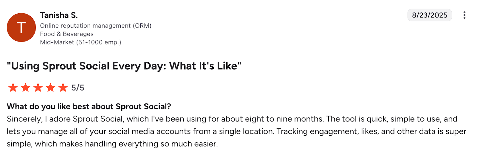 Positive Sprout Social G2 review, 5/5 stars, "Using Sprout Social Every Day: What It’s Like"