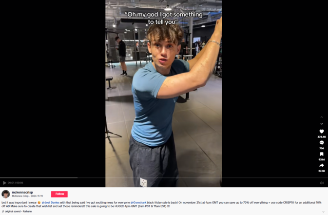 A TikTok Black Friday post from McKenna Crisp promoting Gymshark.