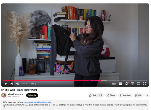 A YouTube Black Friday post from Vicky Plamenova promoting Gymshark.