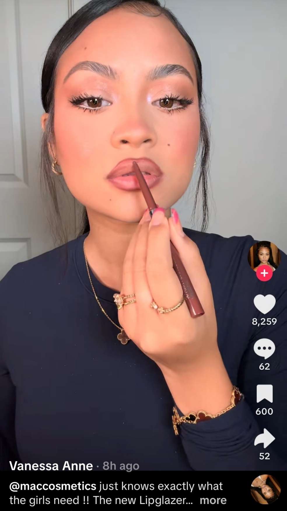 A TikTok affiliate promotes Mac Cosmetics with a makeup tutorial.