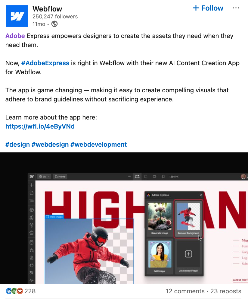 Webflow announcing their integration with Adobe on LinkedIn.