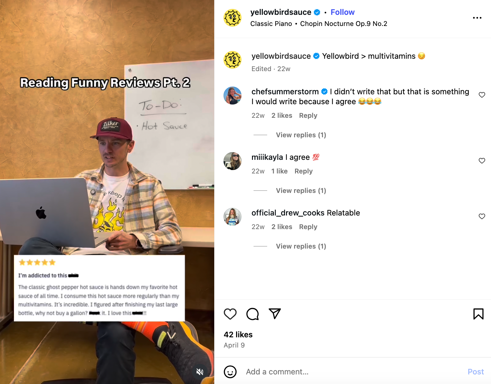 Yellowbird sharing an Instagram Reel of a team member reading funny customer reviews.