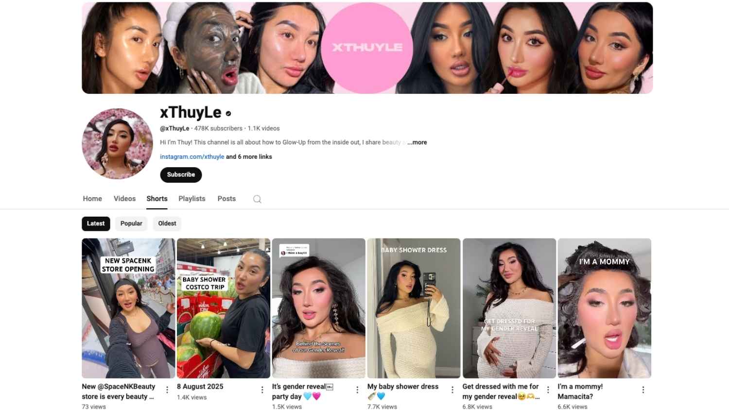 YouTube channel “xThuyLe” with 478K subscribers, beauty content and recent lifestyle Shorts.