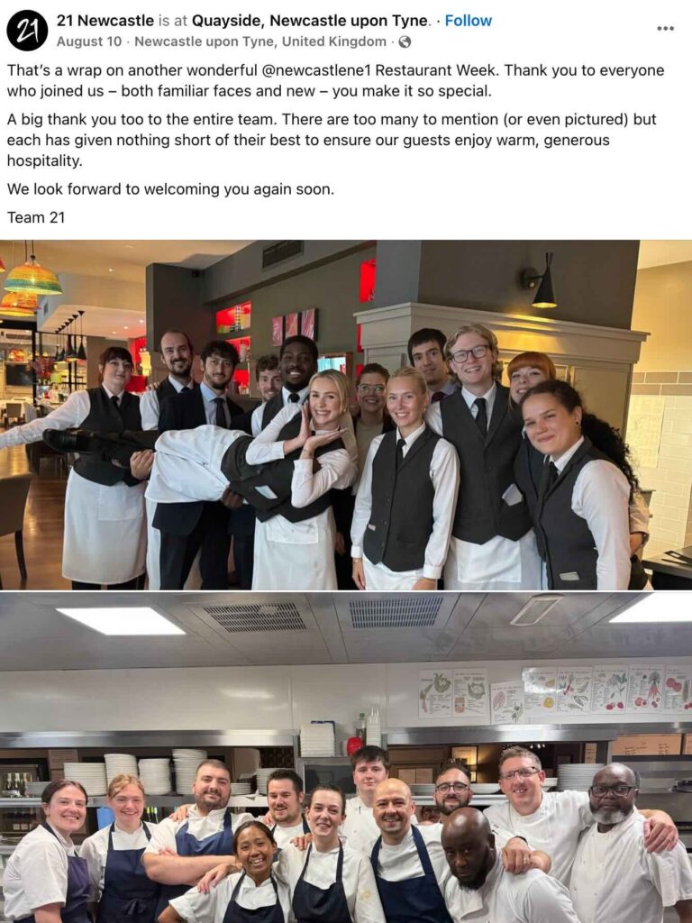 A Facebook post from 21 Newcastle wrapping up Restaurant Week.