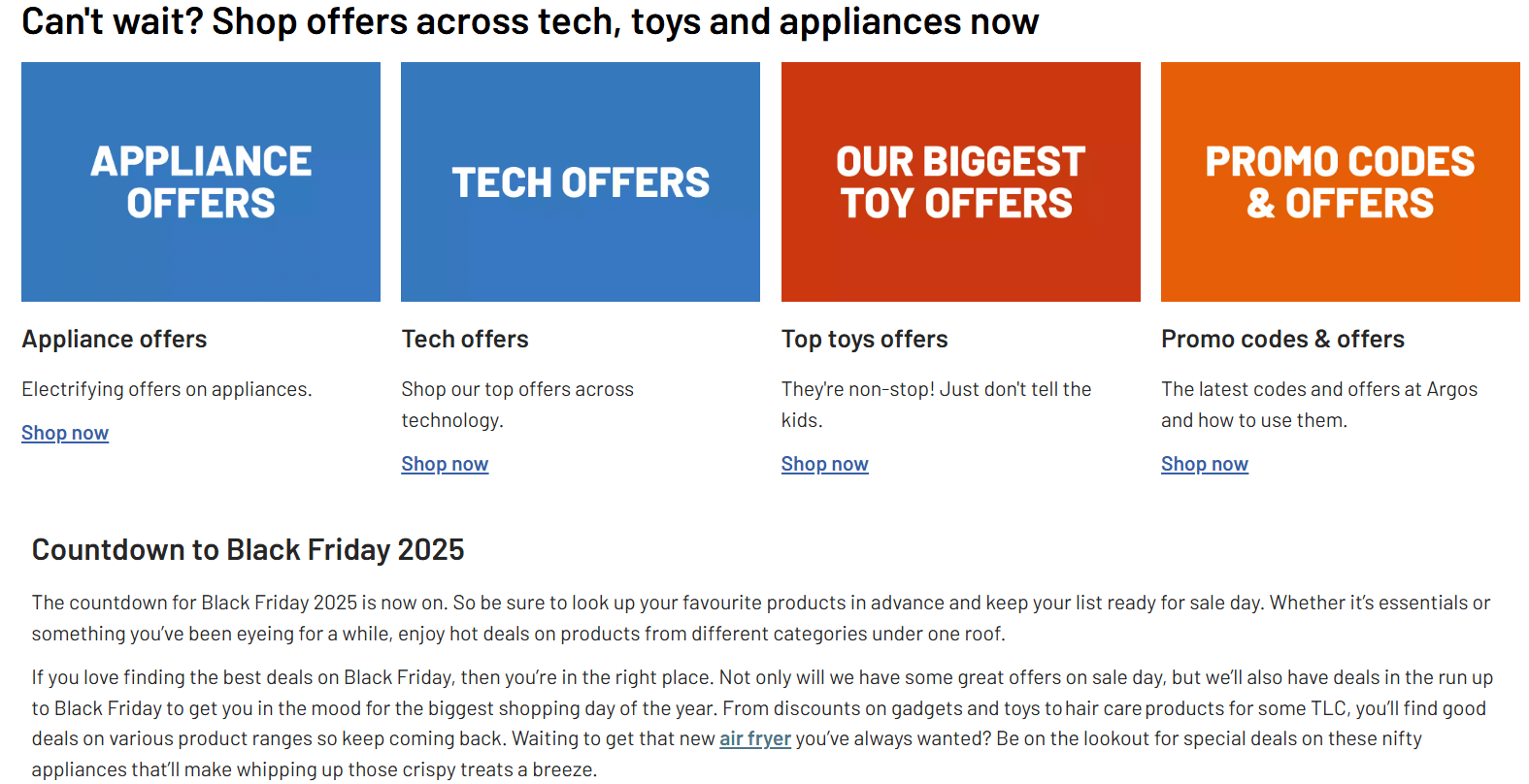 Argos' Black Friday website page