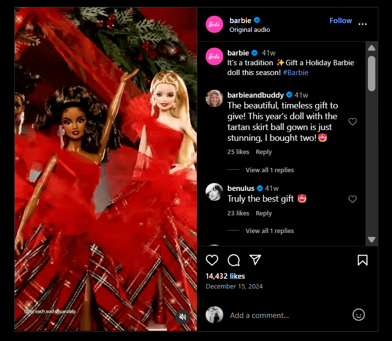 An Instagram post by Barbie for Christmas
