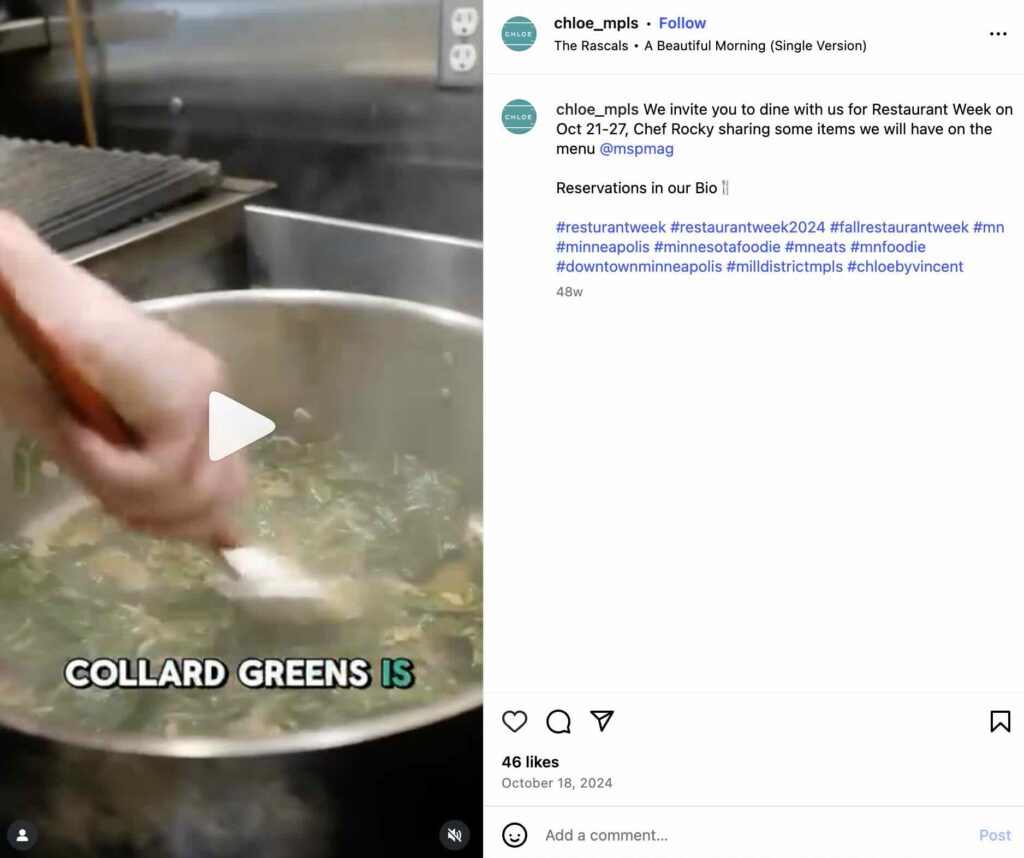 An Instagram Reel from Chloe by Vincent with a voiceover from the chef and accompanying video showing how two of its Restaurant Week dishes are made.