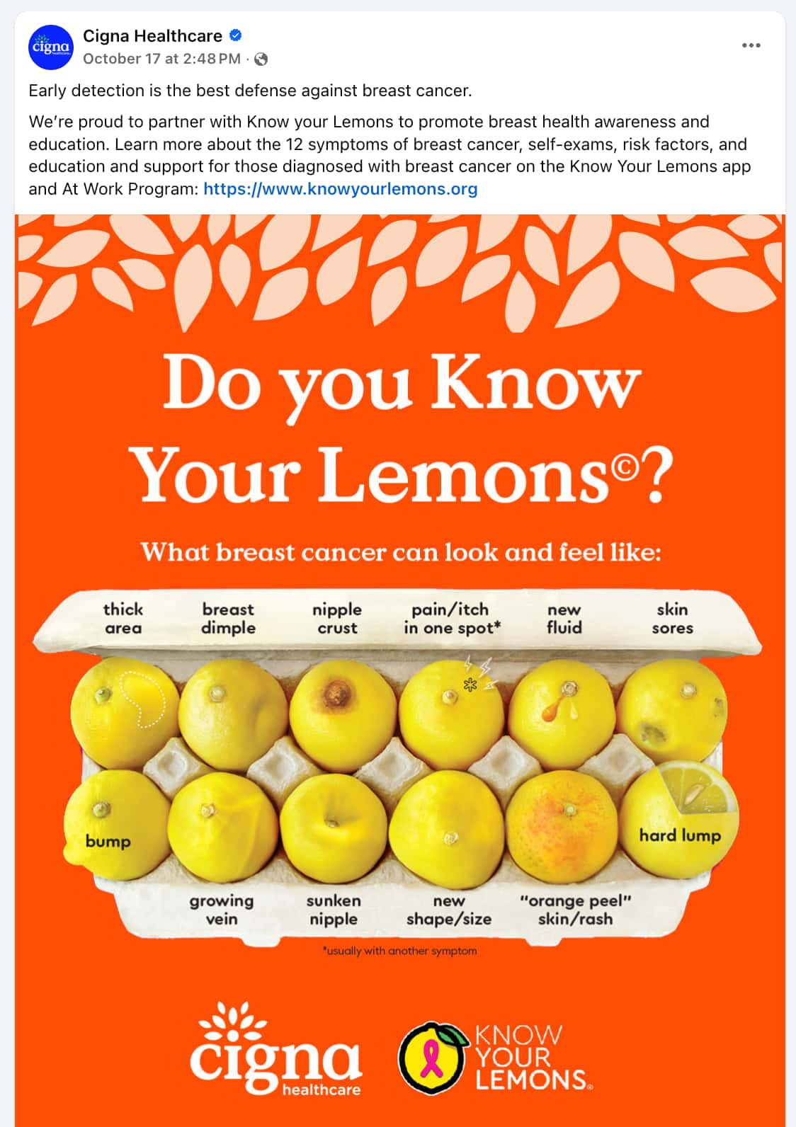 A screenshot of a Facebook post from Cigna Healthcare partnering with Know your Lemons to promote breast health awareness. The caption says "Early detection is the best defense against breast cancer. We’re proud to partner with Know your Lemons to promote breast health awareness and education. Learn more about the 12 symptoms of breast cancer, self-exams, risk factors, and education and support for those diagnosed with breast cancer on the Know Your Lemons app and At Work Program: https://www.knowyourlemons.org"