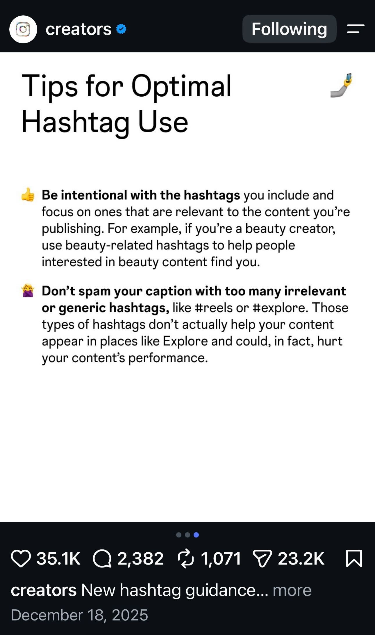 Tips for optimal hashtag use Instagram carousel screenshot from Meta's @creators account