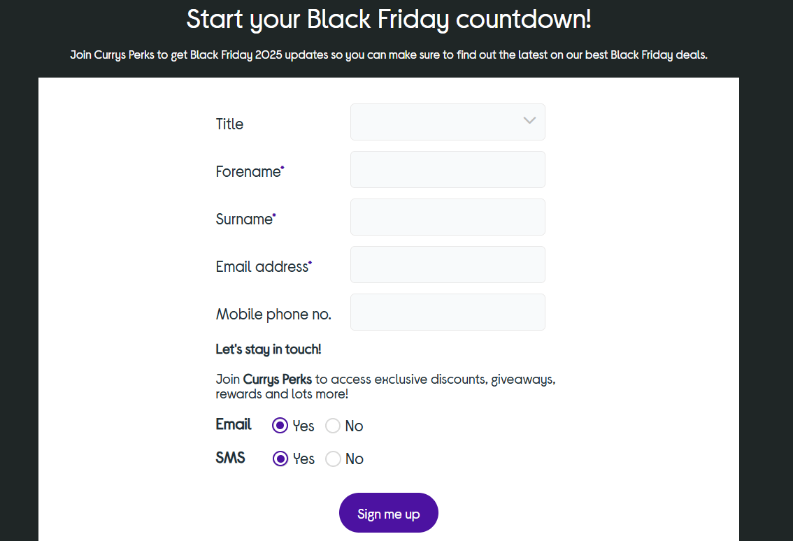 Website signup page for Curry's Black Friday sales newsletter