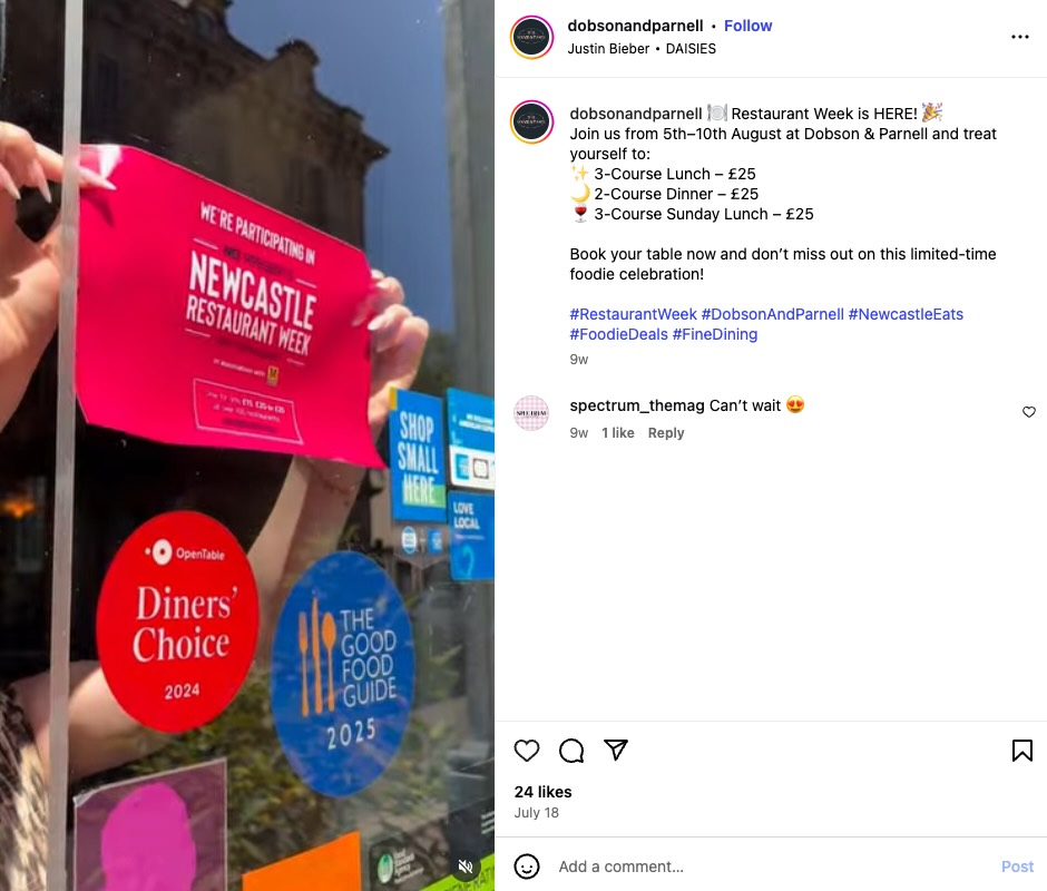 An Instagram Reel from Dobson and Parnell announcing their participation in Restaurant Week and showing a person placing a Newcastle Restaurant Week sign on the door.