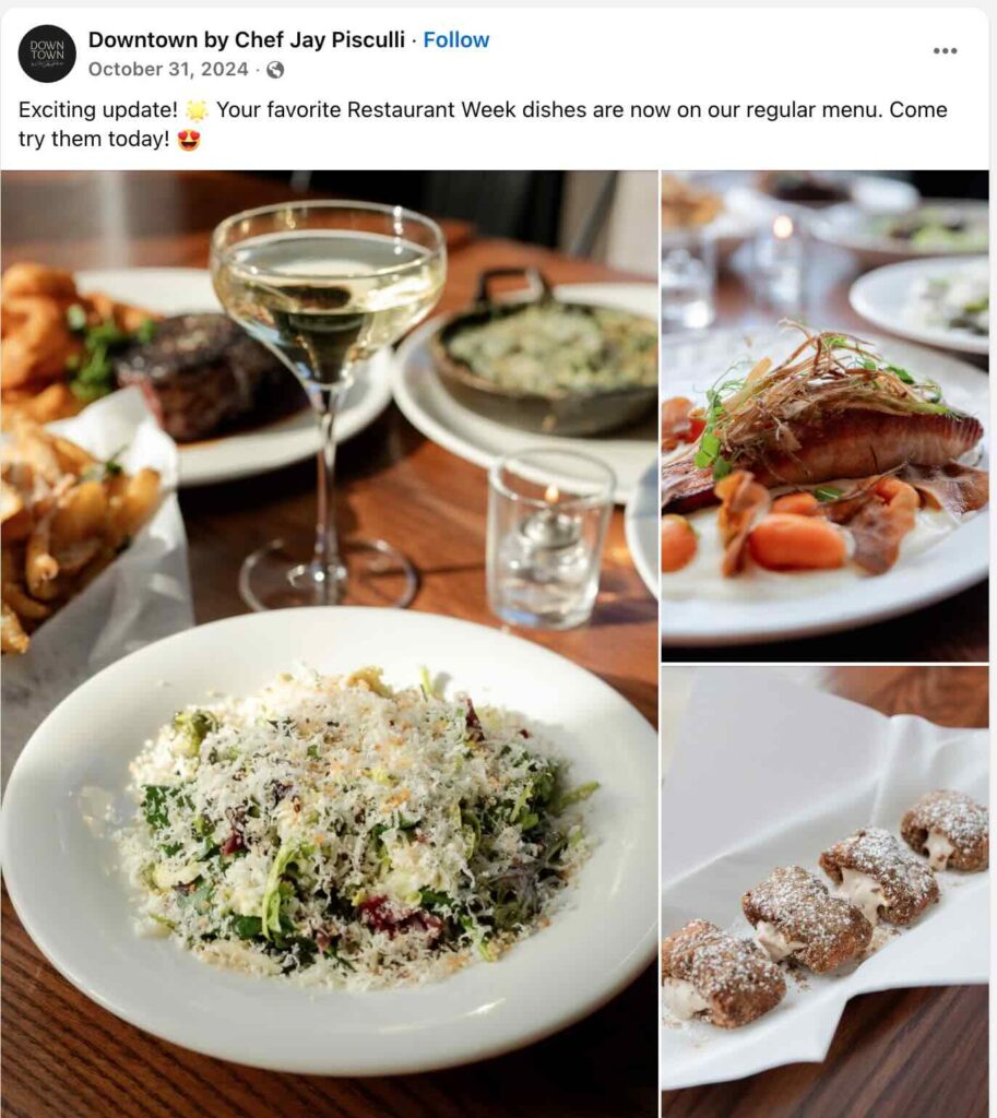 Facebook post from Downtown by Chef Jay Pisculli announcing that popular Restaurant Week menu items are now part of the regular menu.