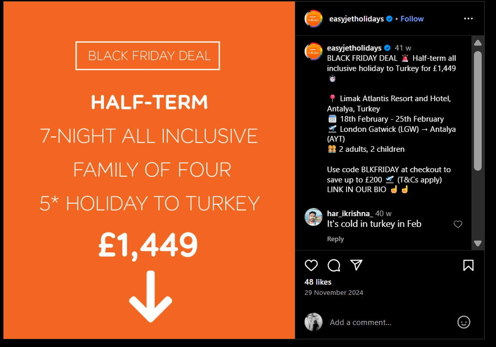 Black Friday Instagram sales post by Easyjet