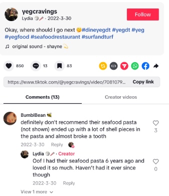 A TikTok post from YEG Cravings reviewing a restaurant during Edmonton’s Downtown Dining Week. In the comments, someone mentions a bad experience they had.