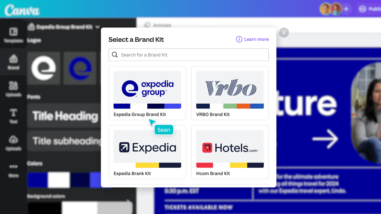 Expedia Group uses Canva’s Brand Kit feature for their family of travel brands including Expedia.com, Hotels.com, Vrbo.com, and more.