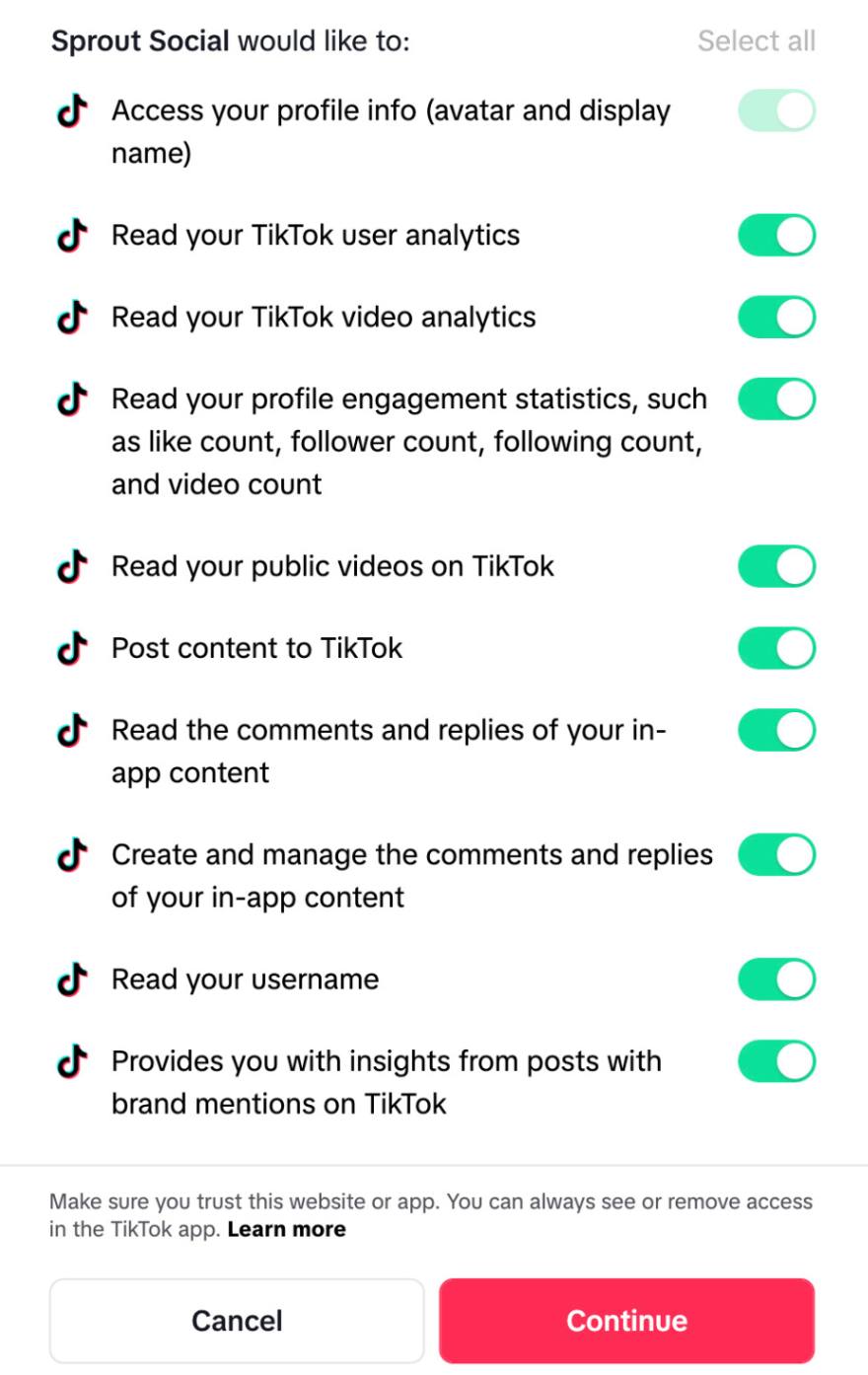 Sprout Social’s TikTok permissions list, including analytics, posting, comments and profile access