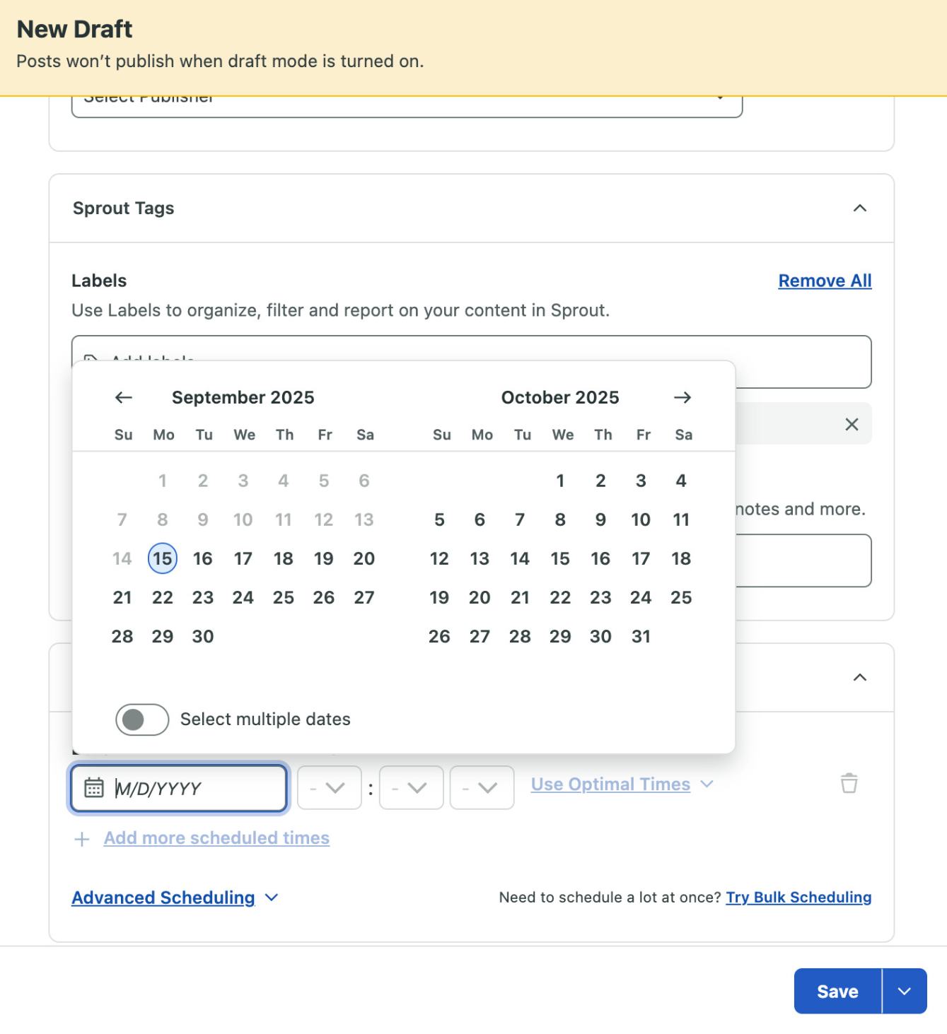 Sprout Social’s new draft window showing September and October 2025 calendars for post scheduling