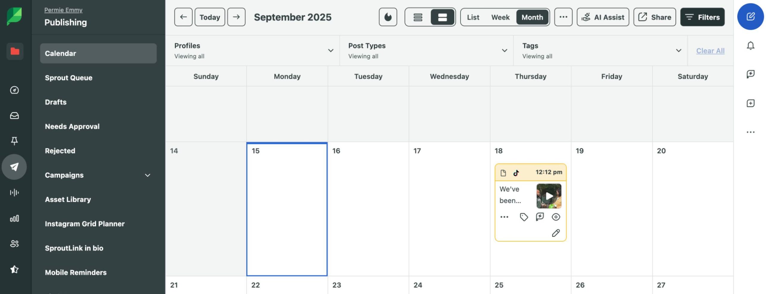 Sprout Social publishing calendar view for September 2025, showing a scheduled TikTok post on September 18