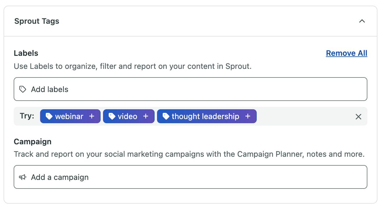 Sprout Social tags and campaign setup screen with options to add labels and track campaigns