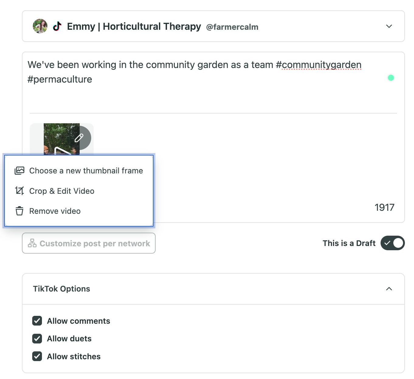 Sprout Social TikTok draft post with options to choose thumbnail, crop and edit or remove video