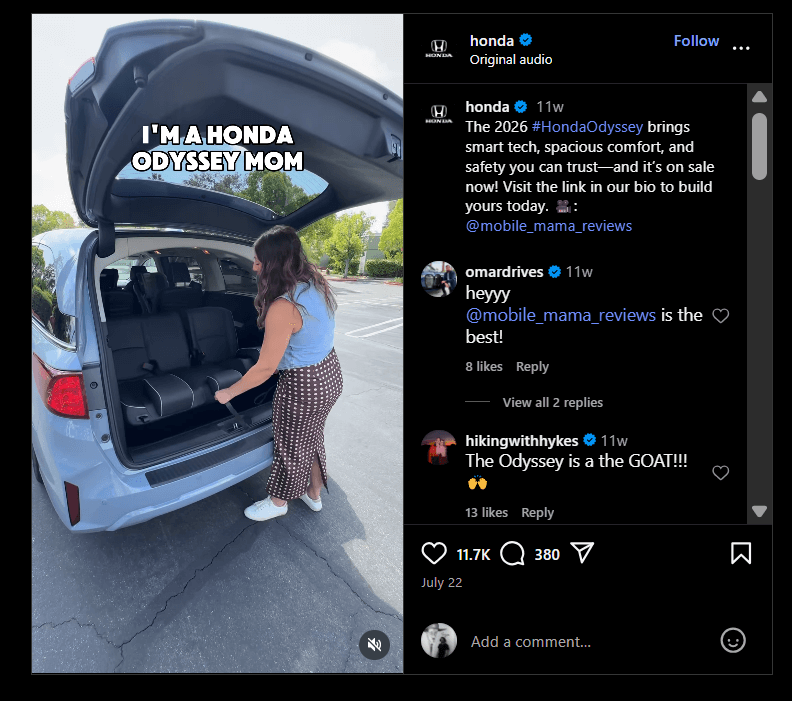 An Instagram collab between Honda and mobile_mama_reviews.