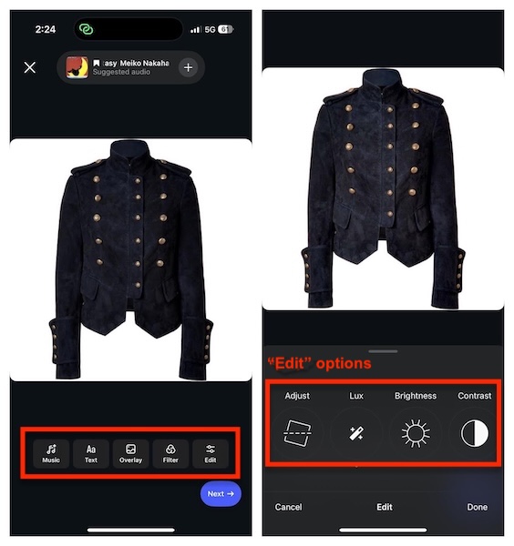 Screenshot of Instagram’s editor with options for music, text, overlays, filters and adjustments