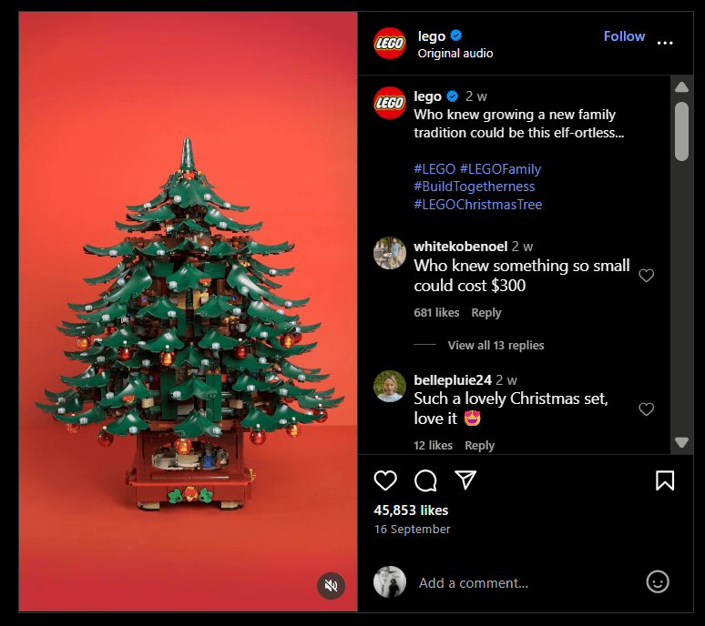 An Instagram post from Lego sharing a Christmas countdown 