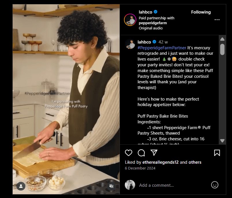 An Instagram collaboration recipe post between Pepperidge Farm and Lahbco
