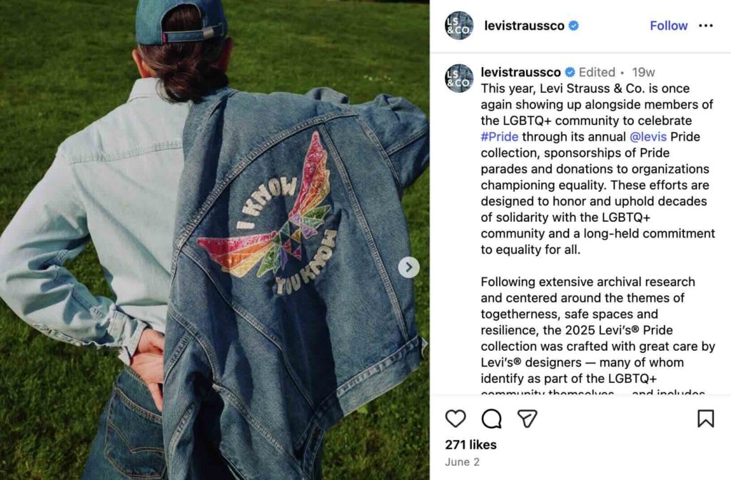 An Instagram post from Levi Strauss & Co. about ways the company supported the LGBTQIA+ community during Pride Month, including its annual Pride collection, sponsoring parades and donating to organizations rallying for the cause.