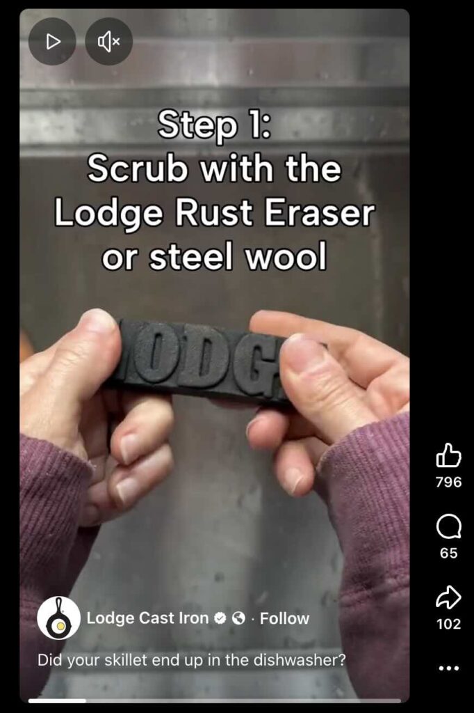 A Facebook Reel from Lodge Cast Iron that explains how to repair an iron that went in the dish washer with the Lodge Rust Eraser