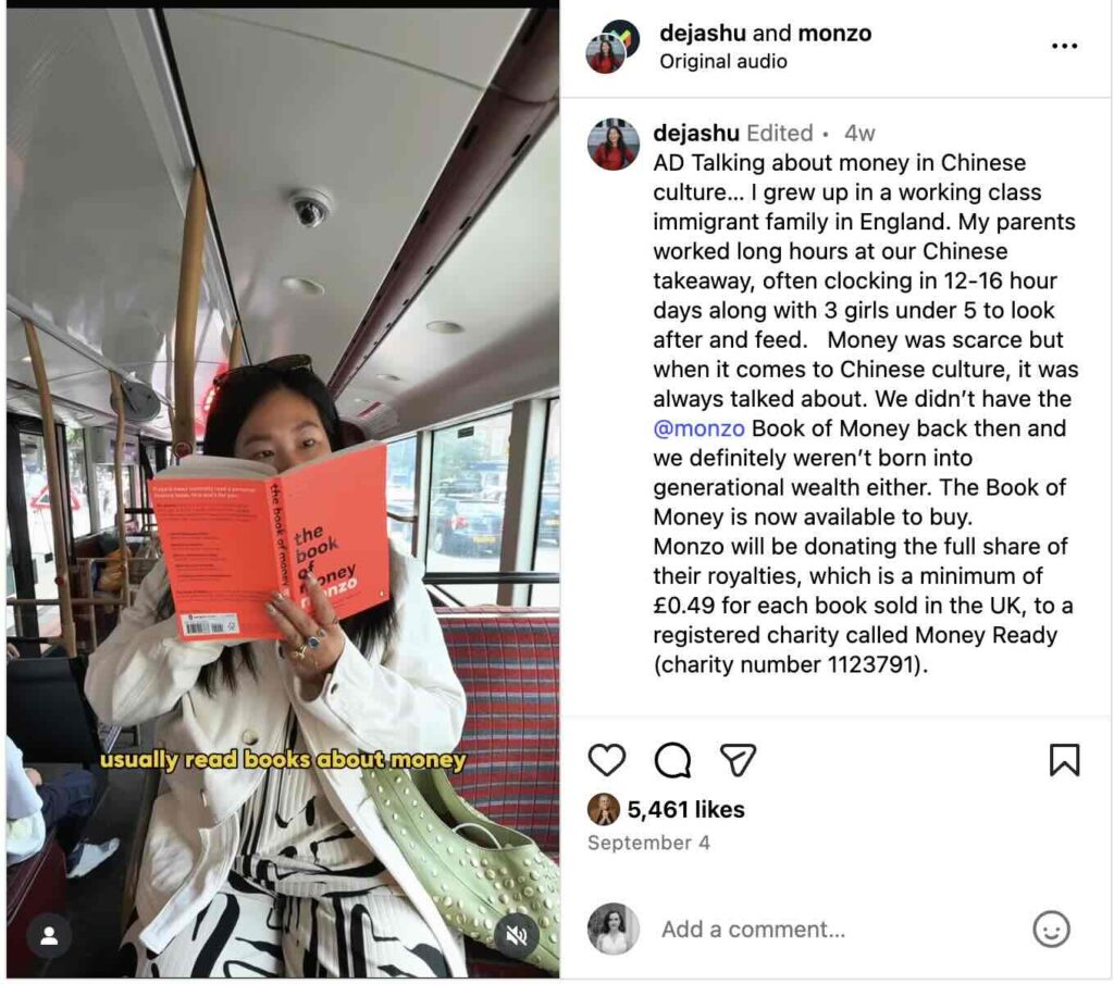 A Reel from creator Shu Lin about Monzo's Book of Money where she explains her personal relationship with money growing up in a Chinese working class family in England