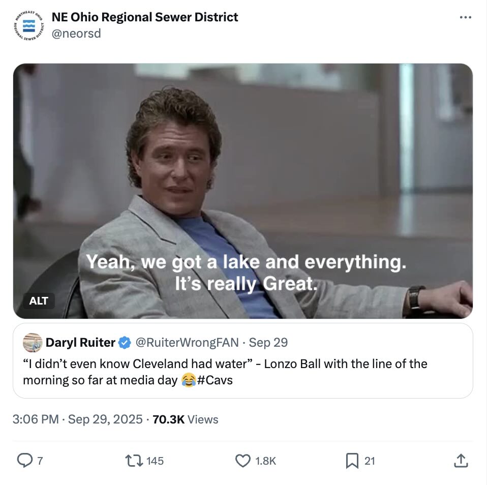 An X post from the NE Ohio Regional Sewer District responding to a post that says: "I didn't even know Cleveland had water." The district replied with a meme that says "Yeah, we got a lake and everything. It's really Great."