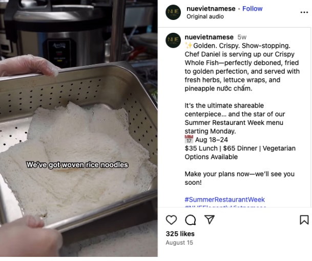 An Instagram Reel from Nue Vietnamese showing how the restaurant’s special Restaurant Week dish, Crispy whole fish, is made.
