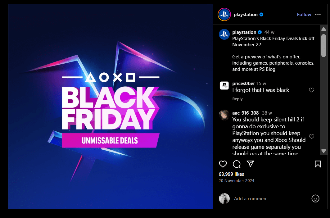 An Instagram post promoting Black Friday PlayStation sales 