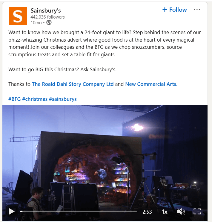 A LinkedIn post from Sainsbury’s showing the behind-the-scenes of their TV advert filming 
