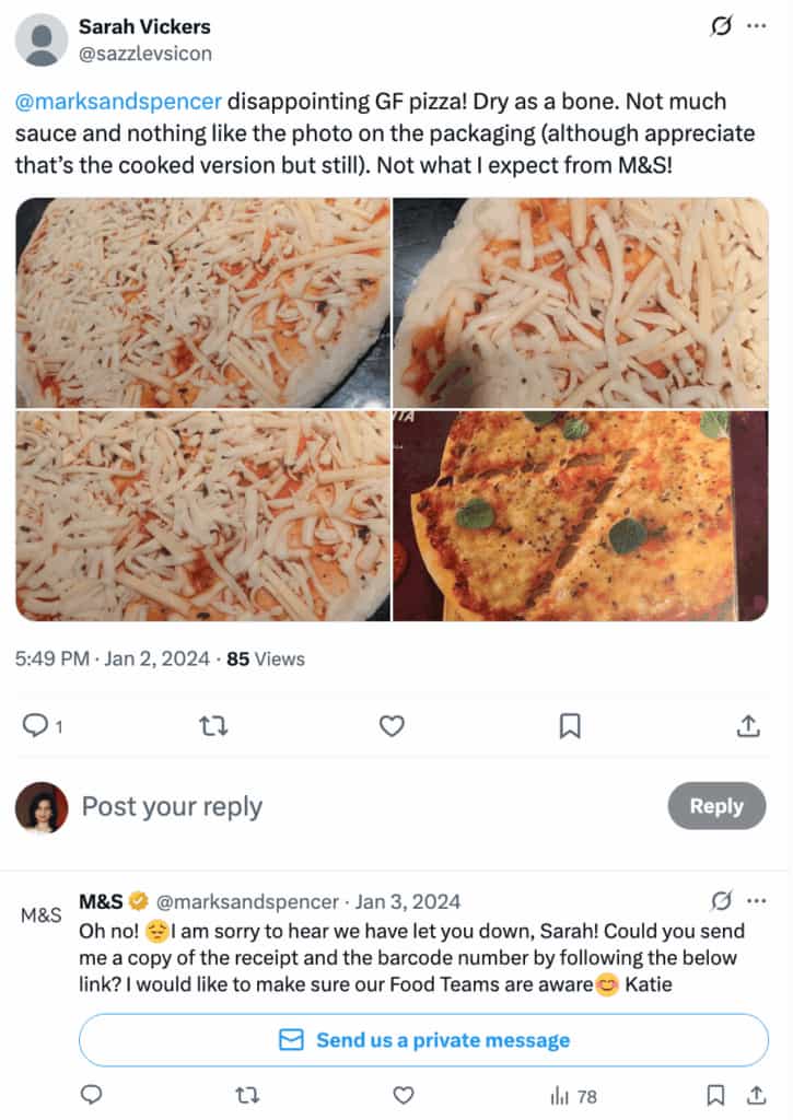 An X post where M&S starts with “Oh no!” and adds emojis to express empathy and lighten the mood to a customer complaint