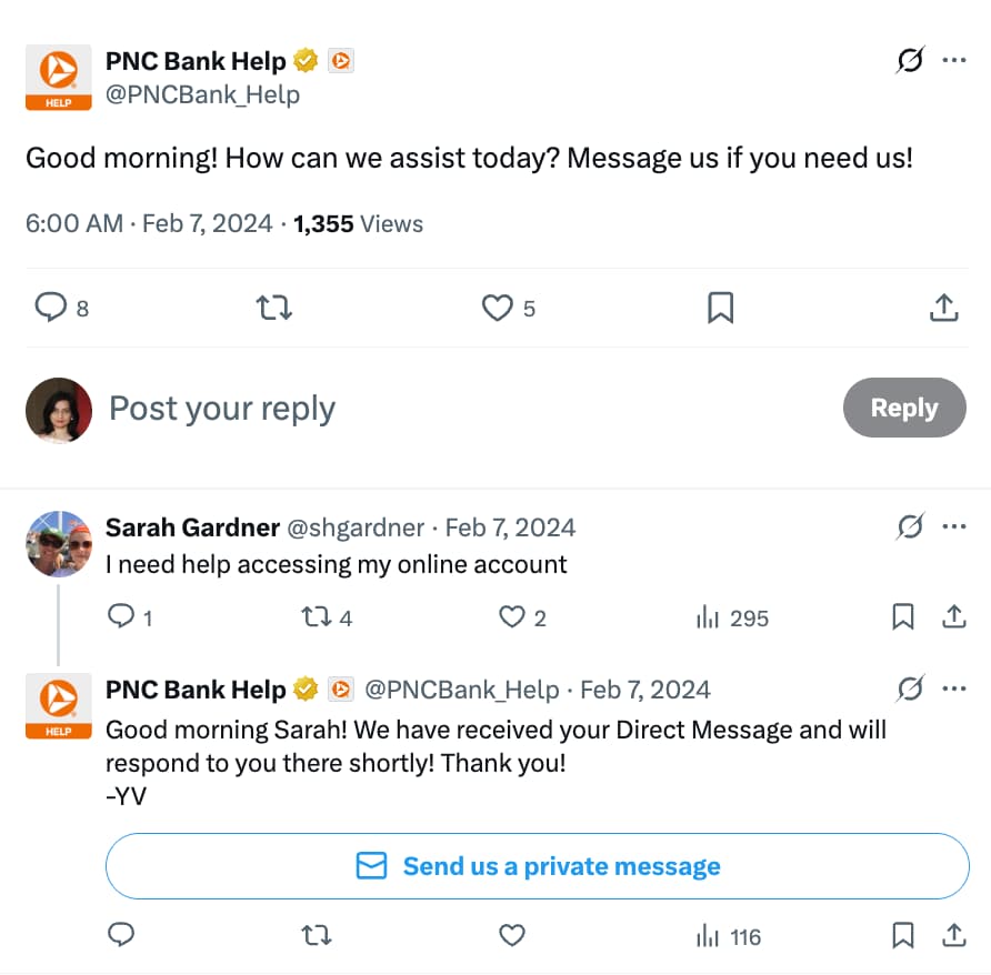 An X post from @PNCBank_Help asking customers to reach out if they're in need of assistance.