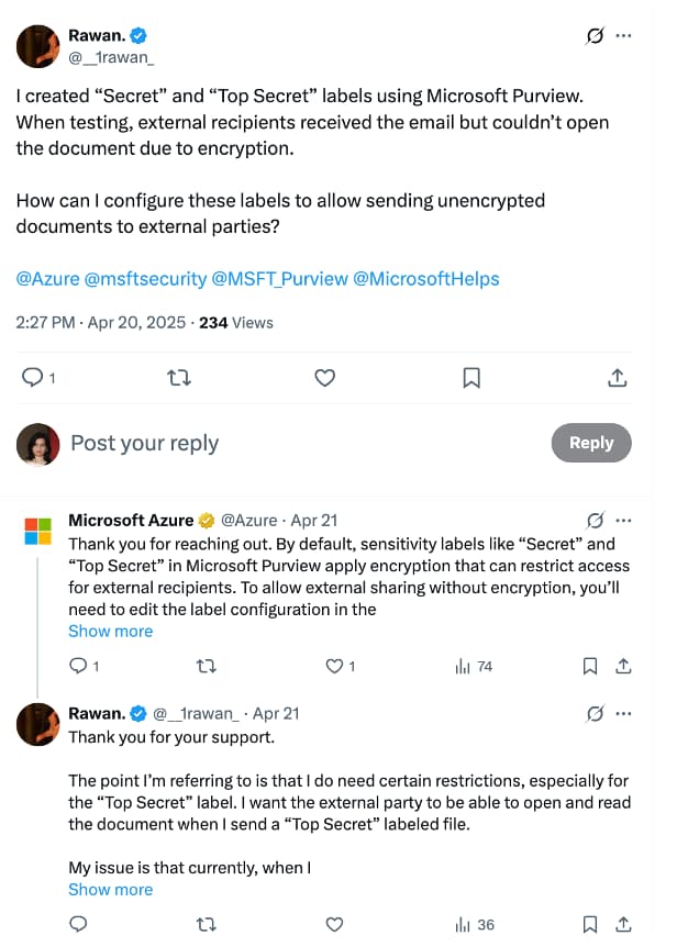 An X post that shows Microsoft Azure's quick customer service response as they monitor platforms like X to quickly address issues, clarify documentation and share relevant updates.
