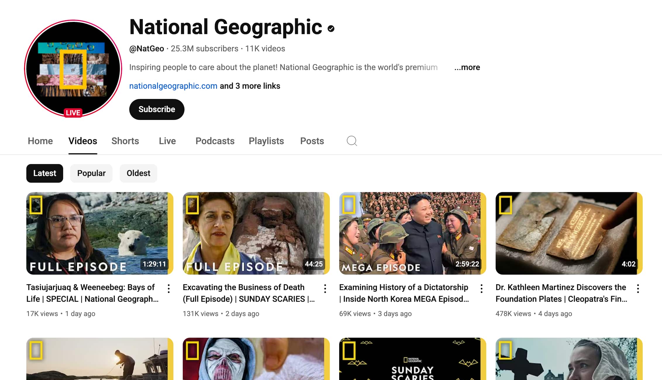 A screenshot of National Geographic's YouTube channel. There are 10 YouTube video thumbnails shown. 