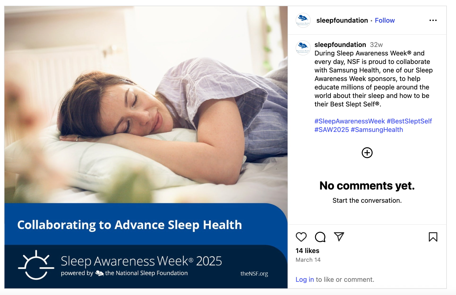 A screenshot of an Instagram post from Sleep Foundation celebrating #SleepAwarenessWeek. The caption says "During Sleep Awareness Week® and every day, NSF is proud to collaborate with Samsung Health, one of our Sleep Awareness Week sponsors, to help educate millions of people around the world about their sleep and how to be their Best Slept Self®."
