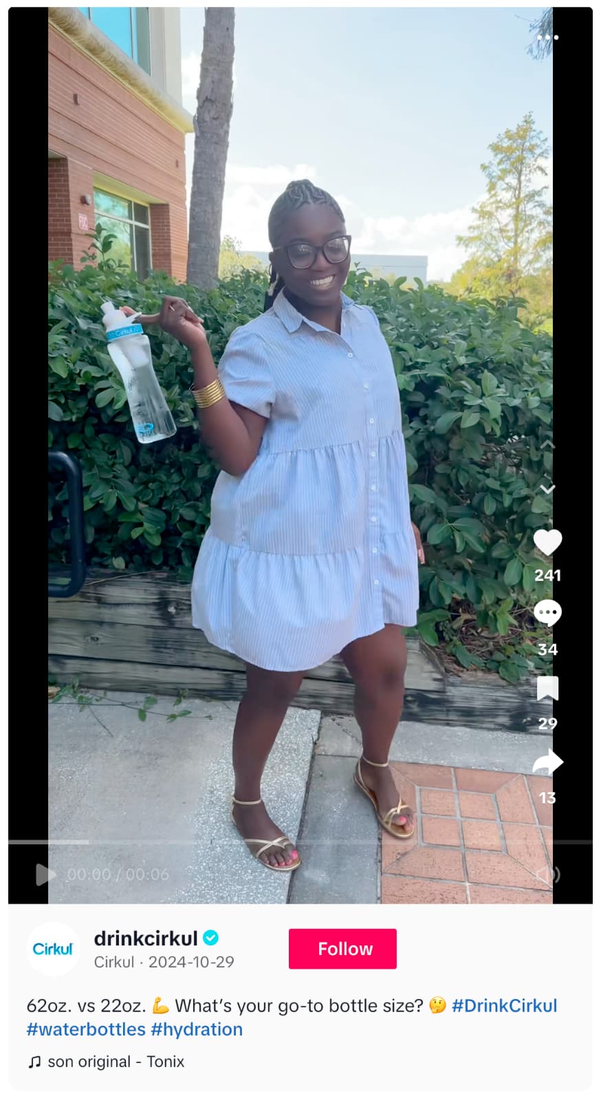 Screenshot of a TikTok post from Cirkul showing off water bottles