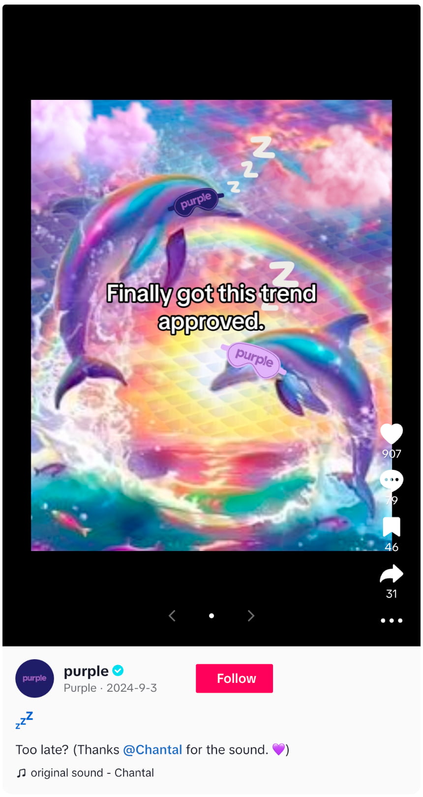 Screenshot of TikTok post from the brand Purple that has a meme on it