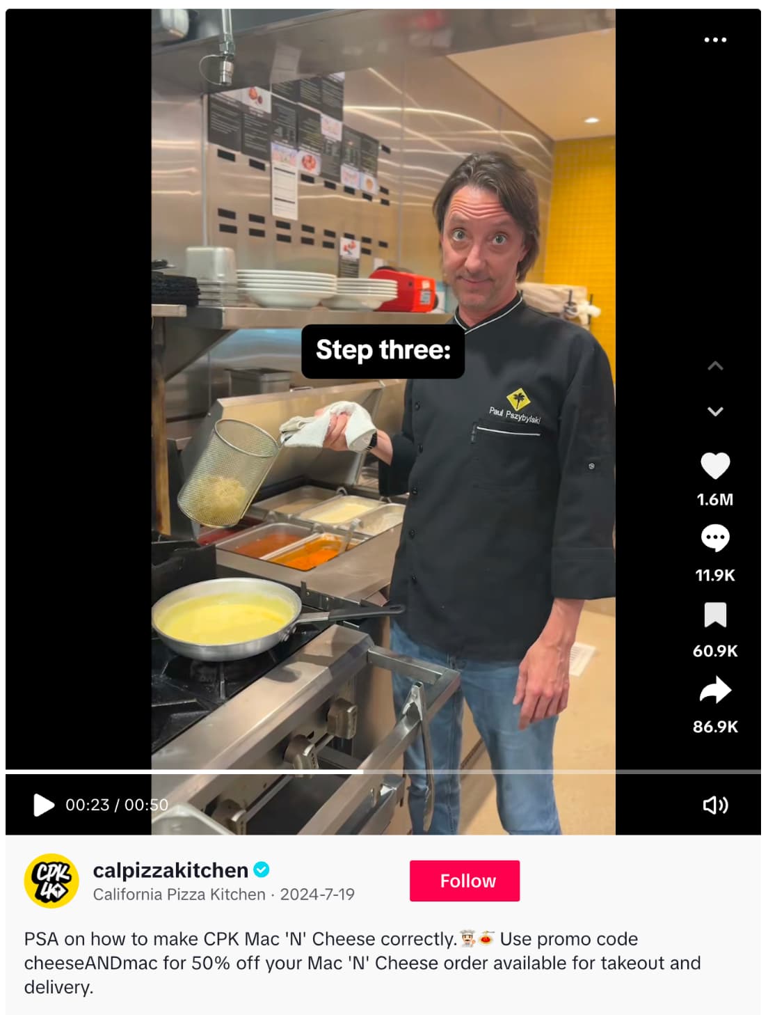 California Pizza Kitchen’s video addressing a wrong order gone viral on TikTok, featuring a chef from the company in a gray chef jacket.