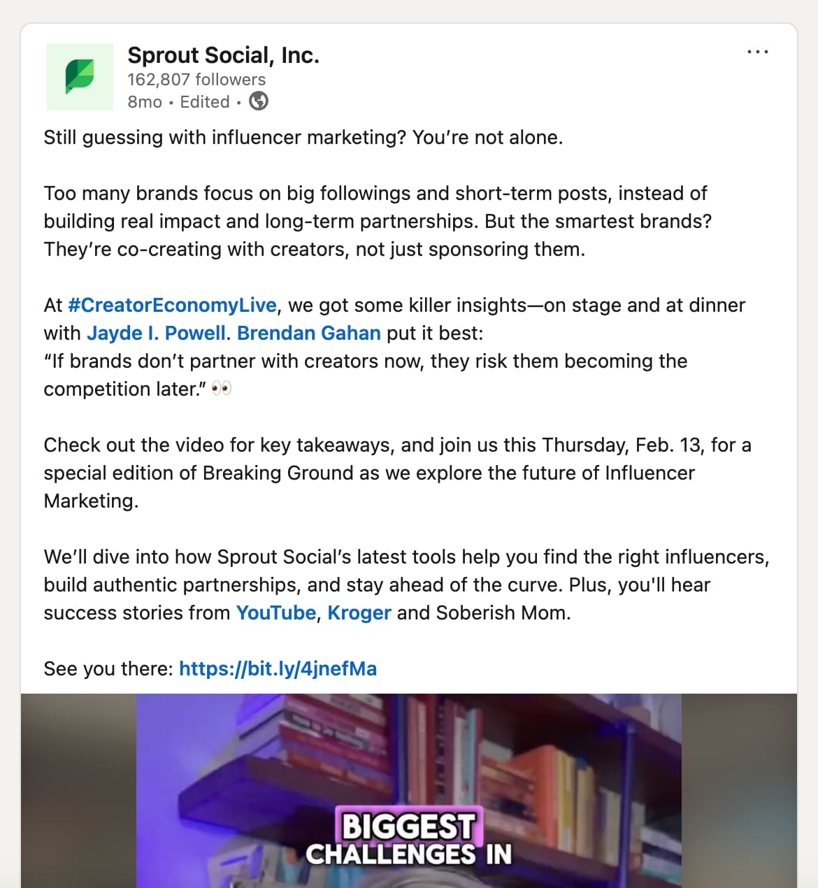 Sprout uses hashtags on LinkedIn sparingly for better results