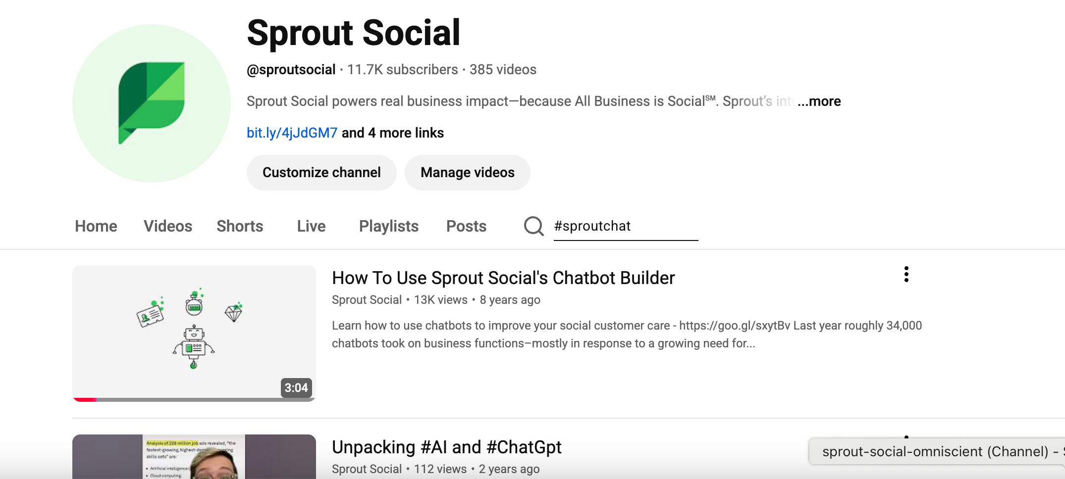Search of #Sproutchat on Sprout Social's Youtube channel