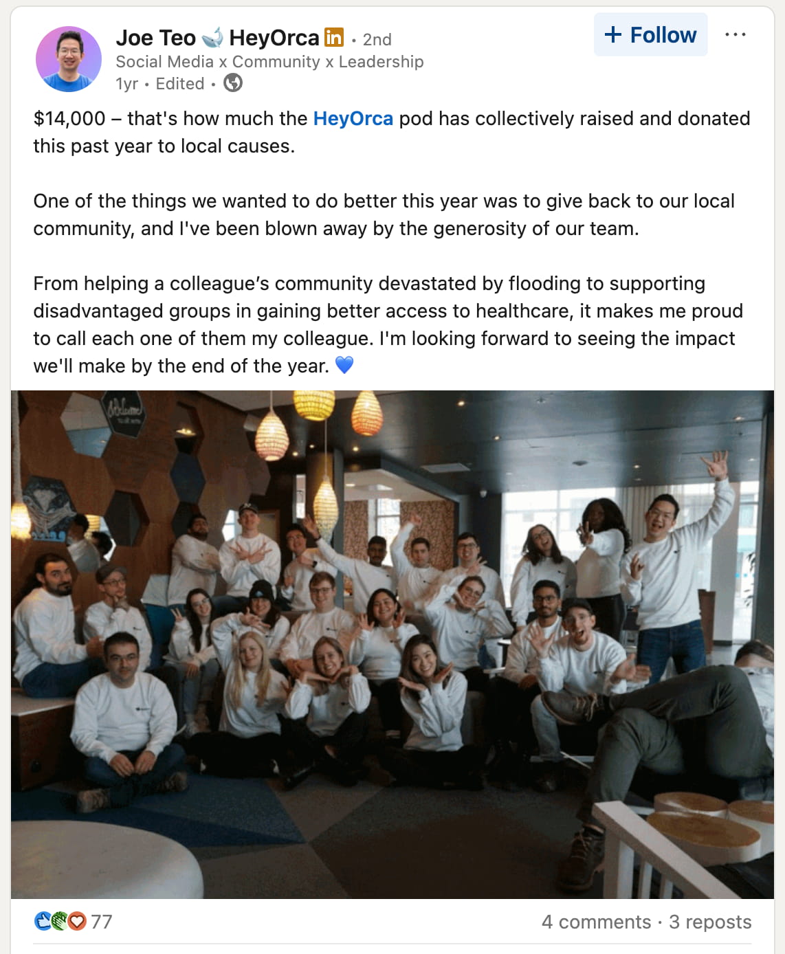 LinkedIn post that shares how the brand HeyOrca donated to local causes