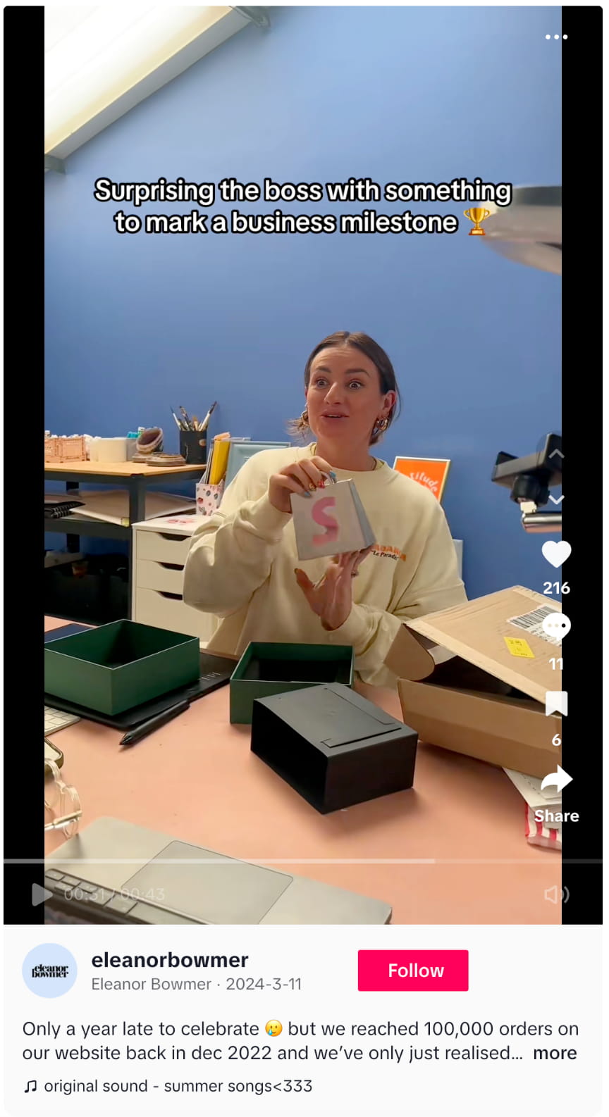 TikTok post of Eleanor Bowmer celebrating a business milestone