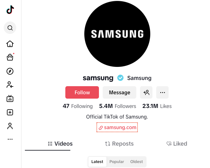 Samsung's verified TikTok profile, showing 5.2 million followers and 22.1 million likes