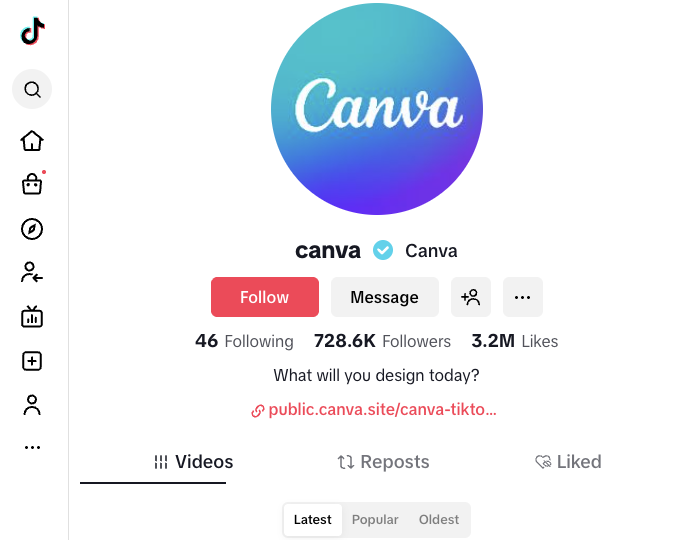 Canva's verified TikTok profile with a blue checkmark, showing nearly 690,000 followers and 3 million likes