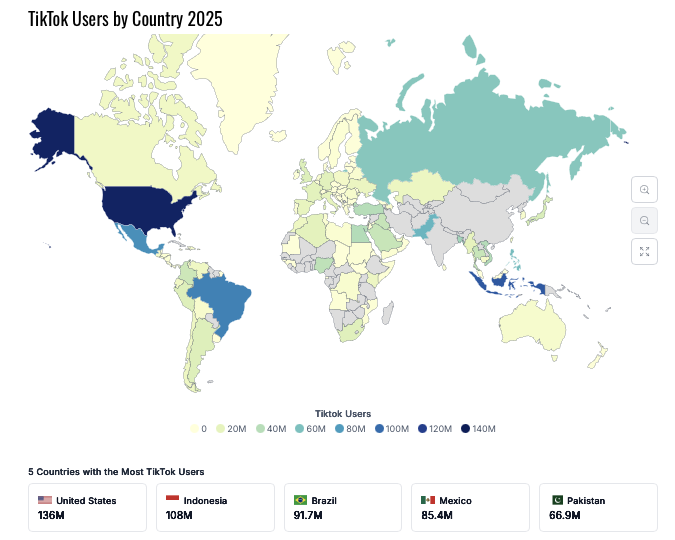 A world map showing TikTok users by country in 2024, with the most users in the US, Indonesia and Brazil